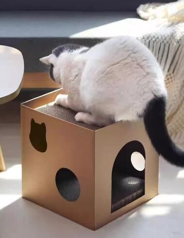 SVY Cozy Cat House with Scratcher Pad, Made of Corrugated Cardboard, Ideal for Cats & Kittens & Small Animals. 11.8"x11.8"x11.8" (Brown) in Kuwait