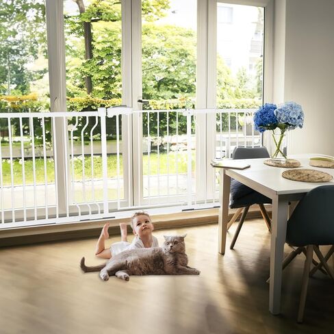 بوابة أطفال طويلة جدًا من HEMRORO مقاس 37.4 بوصة لمداخل السلالم مع باب، بوابة كلب واسعة سهلة التركيب من 57.1 إلى 66.5 بوصة في الداخل، بوابة آمنة للحيوانات الأليفة مثبتة بالضغط المعدني مع إغلاق تلقائي للمنزل، أبيض in Kuwait