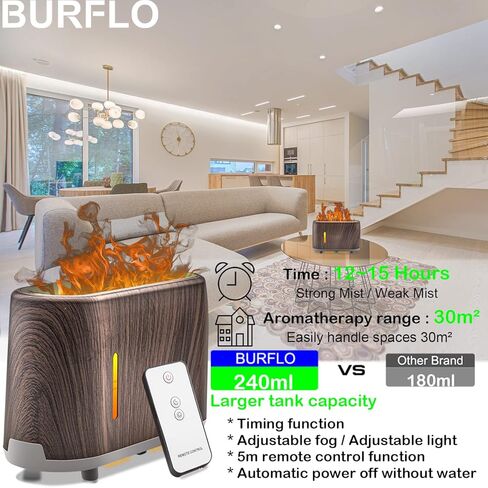 موزع لهب BURFLO، مرطب للحرائق، مظهر ناري مطور 240 مل، تأثير النار، ناشر لهب الزيت العطري مع ضوء LED وإيقاف تلقائي وضباب قابل للتعديل، للمنزل والمكتب وغرفة النوم وغرفة الأطفال in Kuwait