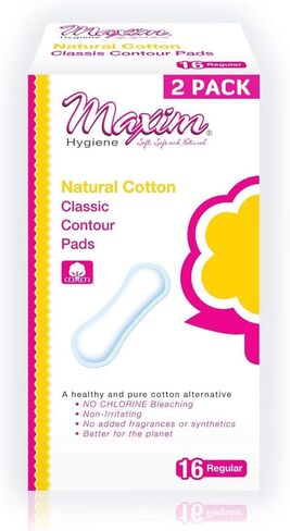 Maxim Natural Cotton Maxi Pads, Thicker More Absorbent, 32ct, No Chlorine/Dioxin/SAP, Biodegradable Daytime Maxi Pad for Women, Breathable, Hypoallergenic, Classic Contour Sanitary Pad, 2 Packs of 16 in Kuwait