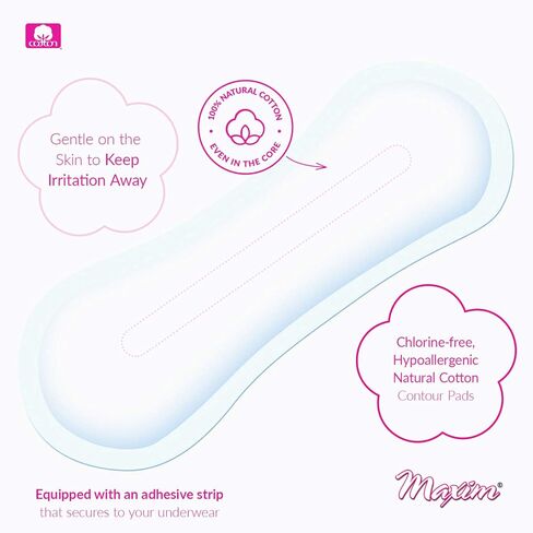 Maxim Natural Cotton Maxi Pads, Thicker More Absorbent, 32ct, No Chlorine/Dioxin/SAP, Biodegradable Daytime Maxi Pad for Women, Breathable, Hypoallergenic, Classic Contour Sanitary Pad, 2 Packs of 16 in Kuwait