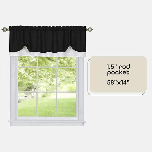 Soft Window Darcy Curtain Valance, Black & White - 58 Inch Width, 14 Inch Length, 1.5 Inch Rod Pocket, Light Filtering - for Kitchen and Bathroom by Achim Home Decor in Saudi Arabia