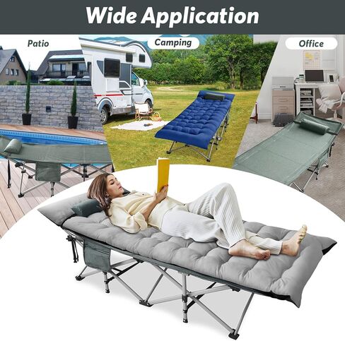سرير تخييم Slendor قابل للطي للبالغين، مقاس 74 بوصة طول × 28 بوصة عرض × 15 بوصة ارتفاع، سرير نوم مع مرتبة، وسادة، حقيبة تخزين، سرير للتخييم للخيمة، المكتب، سرير رمادي، وسادة رمادية/زرقاء، تحميل 500 رطل in Kuwait