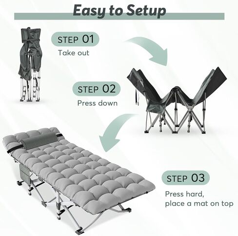 سرير تخييم Slendor قابل للطي للبالغين، مقاس 74 بوصة طول × 28 بوصة عرض × 15 بوصة ارتفاع، سرير نوم مع مرتبة، وسادة، حقيبة تخزين، سرير للتخييم للخيمة، المكتب، سرير رمادي، وسادة رمادية/زرقاء، تحميل 500 رطل in Kuwait