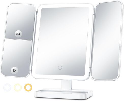 Axyra Makeup Mirror with 78 LED Lights, Rechargeable Tri-Fold Lighted Vanity Mirror, 3 Dimmable Color Lighting Modes, 1X 3X 5X Magnification, Touch Control, Lighted Makeup Mirror, Gift for Women in Saudi Arabia