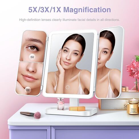Axyra Makeup Mirror with 78 LED Lights, Rechargeable Tri-Fold Lighted Vanity Mirror, 3 Dimmable Color Lighting Modes, 1X 3X 5X Magnification, Touch Control, Lighted Makeup Mirror, Gift for Women in Saudi Arabia