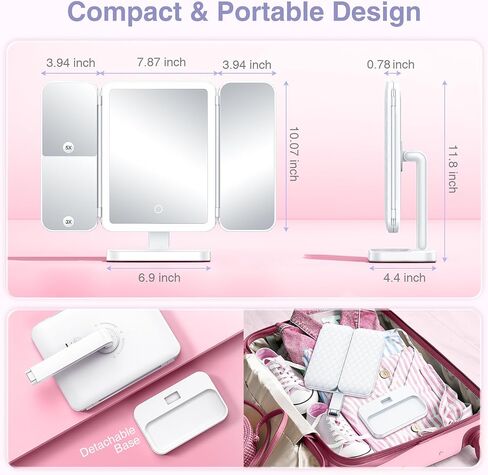 Axyra Makeup Mirror with 78 LED Lights, Rechargeable Tri-Fold Lighted Vanity Mirror, 3 Dimmable Color Lighting Modes, 1X 3X 5X Magnification, Touch Control, Lighted Makeup Mirror, Gift for Women in Saudi Arabia