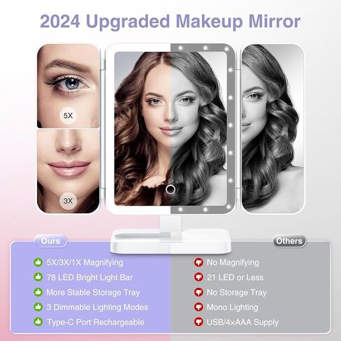 Axyra Makeup Mirror with 78 LED Lights, Rechargeable Tri-Fold Lighted Vanity Mirror, 3 Dimmable Color Lighting Modes, 1X 3X 5X Magnification, Touch Control, Lighted Makeup Mirror, Gift for Women in Saudi Arabia