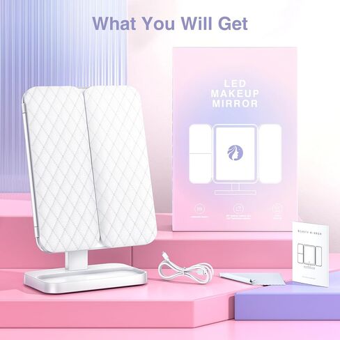 Axyra Makeup Mirror with 78 LED Lights, Rechargeable Tri-Fold Lighted Vanity Mirror, 3 Dimmable Color Lighting Modes, 1X 3X 5X Magnification, Touch Control, Lighted Makeup Mirror, Gift for Women in Saudi Arabia