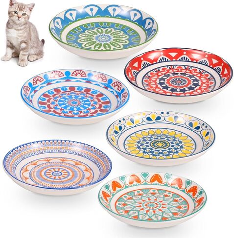 FRIUSATE 6 PCS Ceramic Cat Bowls, 5.5 inch Wide Shallow Cat Food Bowl Set, Whisker Fatigue Kitten Feeding Dishes Colorful Cat Dishes for Indoor Cats Kitten, Dishwasher & Microwave Safe in Kuwait