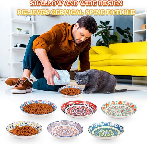 FRIUSATE 6 PCS Ceramic Cat Bowls, 5.5 inch Wide Shallow Cat Food Bowl Set, Whisker Fatigue Kitten Feeding Dishes Colorful Cat Dishes for Indoor Cats Kitten, Dishwasher & Microwave Safe in Kuwait