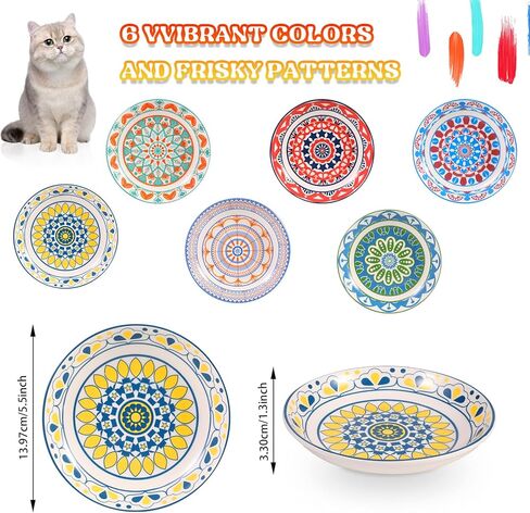FRIUSATE 6 PCS Ceramic Cat Bowls, 5.5 inch Wide Shallow Cat Food Bowl Set, Whisker Fatigue Kitten Feeding Dishes Colorful Cat Dishes for Indoor Cats Kitten, Dishwasher & Microwave Safe in Kuwait