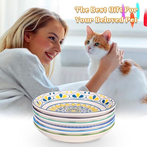 FRIUSATE 6 PCS Ceramic Cat Bowls, 5.5 inch Wide Shallow Cat Food Bowl Set, Whisker Fatigue Kitten Feeding Dishes Colorful Cat Dishes for Indoor Cats Kitten, Dishwasher & Microwave Safe in Kuwait
