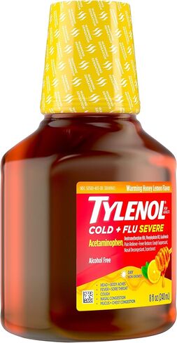 دواء Tylenol Cold + Flu الشديد مع أسيتامينوفين، ديكستروميتورفان HBr، Guaifenesin، Phenylephrine HCI، السائل النهاري البارد / الحمى وتخفيف احتقان الصدر، عسل الليمون الدافئ، 8 فلوريدا أوقية. أوز in Kuwait