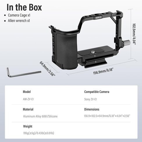 SIRUI ZV-E1 Camera Cage with Silicone Grip, Full Cage for Sony ZV-E1 with HDMI Cable Clamp, Built-in Quick Release Plate for Arca-Type, Cold Shoe, and Multiple Threaded Holes, AM-ZV-E1 in Kuwait