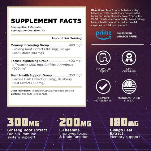 مكمل منشط طبيعي منشط للذهن - تركيبة لتعزيز التركيز والطاقة والذاكرة - الجينسنغ، إل-ثيانين و4 مكونات إضافية لصحة الدماغ وتركيزه - صديق للكيتو - 60 كبسولة نباتية in Kuwait