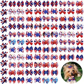 100Pcs/50Pairs Independence Day Dog Bows, Bulk 4th of July Dog Bows with Rubber Bands, Holiday American Flag Pattern Patriotic Small Dog Hair Bows, Dog Grooming Bows for Cute Pet Dog Hair Accessories in Saudi Arabia