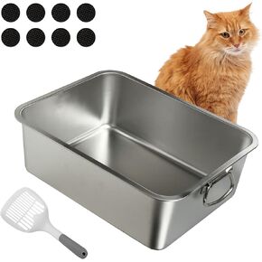 BNOSDM Stainless Steel Cat Litter Box with Handle Metal Kitty Litter Pan High Sides Open Cats Toilet Rustproof with Litter Sifting Scoop for Bunny Rabbit Kitten (14.2'' x 10.6'' x 5.9'')