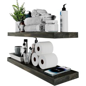 SAUCE ZHAN 24 بوصة أرفف عائمة ريفي من الخشب الطبيعي مجموعة أرفف حائط من الصنوبر مكونة من 2 رفوف مفتوحة ديكور خشبي خفيف مثبت على الحائط للحمام وغرفة المعيشة وغرفة النوم والمطبخ 24D × 6.7W in Kuwait