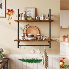 Bestier Pipe Shelf Industrial Floating Shelving 31" Kitchen Wall-Mounted Shelf Towel Bar Hooks Coffee Bar Shelf Wine Hanging Display Rack Bookshelf Living Room Decor Bathroom-Charcoal Black in Kuwait