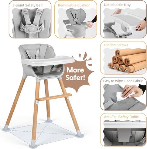 Cowiewie Baby High Chair, Modern Design Highchair for Babies & Toddlers Removable Dishwasher & Adjustable Safe Tray, Safety Harness Removable Cushion Made of Sleek Hardwood & Leatherette£¨Grey£© in Kuwait