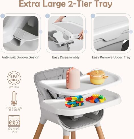 Cowiewie Baby High Chair, Modern Design Highchair for Babies & Toddlers Removable Dishwasher & Adjustable Safe Tray, Safety Harness Removable Cushion Made of Sleek Hardwood & Leatherette£¨Grey£© in Kuwait