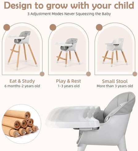 Cowiewie Baby High Chair, Modern Design Highchair for Babies & Toddlers Removable Dishwasher & Adjustable Safe Tray, Safety Harness Removable Cushion Made of Sleek Hardwood & Leatherette£¨Grey£© in Kuwait
