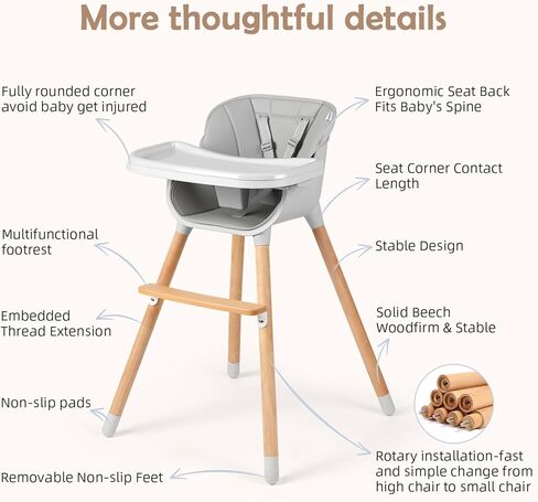 Cowiewie Baby High Chair, Modern Design Highchair for Babies & Toddlers Removable Dishwasher & Adjustable Safe Tray, Safety Harness Removable Cushion Made of Sleek Hardwood & Leatherette£¨Grey£© in Kuwait