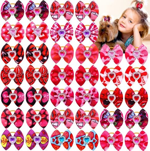 50pcs/25pairs Valentine's Day Dog Bows Bling Love Rhinestone Pet Hair Bows with Rubber Bands Puppy Bowknot Topknot Pet Grooming Bows Red Rose Pink Colors Dog Hair Accessories in Kuwait
