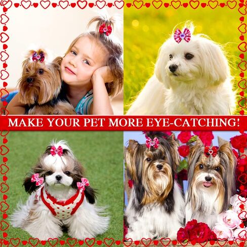 50pcs/25pairs Valentine's Day Dog Bows Bling Love Rhinestone Pet Hair Bows with Rubber Bands Puppy Bowknot Topknot Pet Grooming Bows Red Rose Pink Colors Dog Hair Accessories in Kuwait