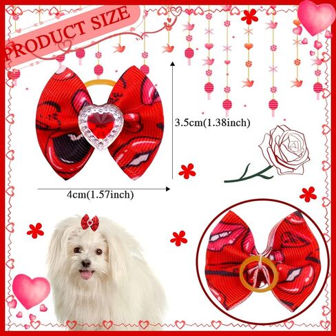 50pcs/25pairs Valentine's Day Dog Bows Bling Love Rhinestone Pet Hair Bows with Rubber Bands Puppy Bowknot Topknot Pet Grooming Bows Red Rose Pink Colors Dog Hair Accessories in Kuwait