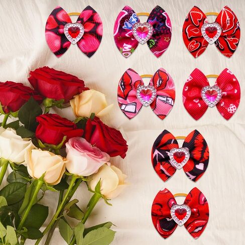 50pcs/25pairs Valentine's Day Dog Bows Bling Love Rhinestone Pet Hair Bows with Rubber Bands Puppy Bowknot Topknot Pet Grooming Bows Red Rose Pink Colors Dog Hair Accessories in Kuwait