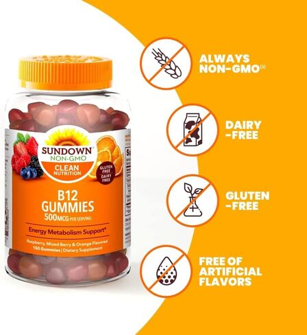 علكة فيتامين ب 12 من صن داون، دعم استقلاب الطاقة، التوت، التوت المختلط بنكهة البرتقال، 150 قيراط in Kuwait