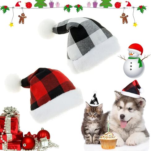 2 Pcs Christmas Pet Hat Plaid Santa Hat Xmas Classic Buffalo Plaid Pet Cat Dog Hat Plush Fabric Christmas Decoration Accessories for Small Medium Large Dogs Cats in Kuwait