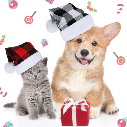 2 Pcs Christmas Pet Hat Plaid Santa Hat Xmas Classic Buffalo Plaid Pet Cat Dog Hat Plush Fabric Christmas Decoration Accessories for Small Medium Large Dogs Cats in Kuwait