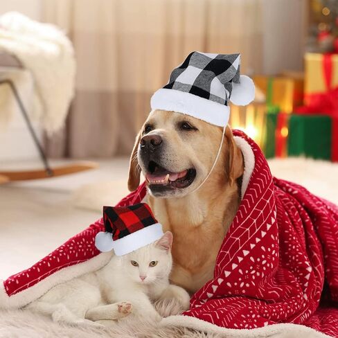 2 Pcs Christmas Pet Hat Plaid Santa Hat Xmas Classic Buffalo Plaid Pet Cat Dog Hat Plush Fabric Christmas Decoration Accessories for Small Medium Large Dogs Cats in Kuwait