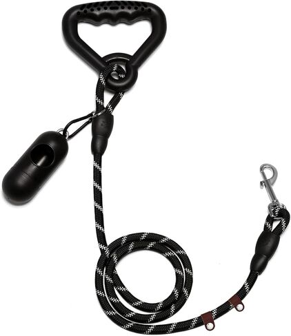 Wakytu Ergonomic Design Handle Dog Leash, Reflective Dog Leash for Small Medium and Large Dogs, Strong Dog Leash with Waste Poop Bag Holder, Traction Collar for Walking, Black, 6'×1/2'' in Kuwait