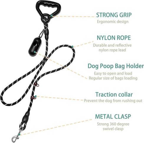 Wakytu Ergonomic Design Handle Dog Leash, Reflective Dog Leash for Small Medium and Large Dogs, Strong Dog Leash with Waste Poop Bag Holder, Traction Collar for Walking, Black, 6'×1/2'' in Kuwait