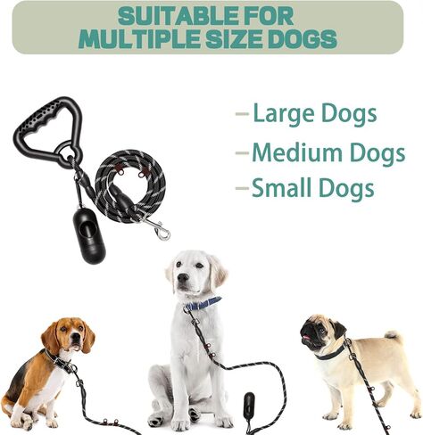 Wakytu Ergonomic Design Handle Dog Leash, Reflective Dog Leash for Small Medium and Large Dogs, Strong Dog Leash with Waste Poop Bag Holder, Traction Collar for Walking, Black, 6'×1/2'' in Kuwait