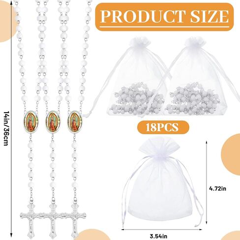 18 قطعة من مسبحة الخرز الخشبي مع صليب وسيدة غوادالوبي معطرة بالمناولة الاولى مع اكياس اورجانزا هدايا المعمودية هدية كاثوليكية ابيض واسود للرجال والنساء والبنات والاولاد in Kuwait