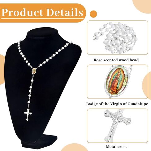 18 قطعة من مسبحة الخرز الخشبي مع صليب وسيدة غوادالوبي معطرة بالمناولة الاولى مع اكياس اورجانزا هدايا المعمودية هدية كاثوليكية ابيض واسود للرجال والنساء والبنات والاولاد in Kuwait