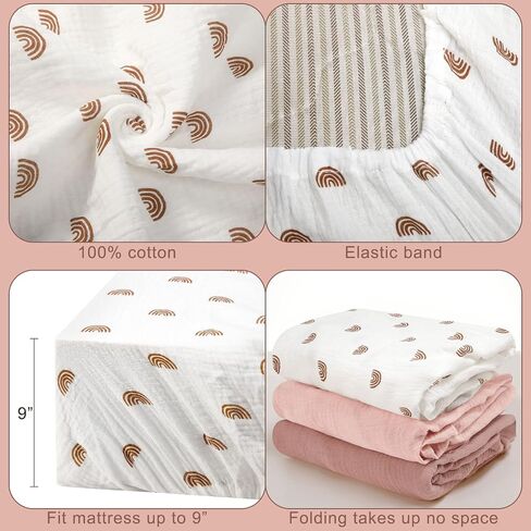Newwiee 3 Pcs Crib Sheets Fitted 24'' x 38'', Mini Soft Muslin Crib Mattress Sheets for Girls and Boys(Classic) in Saudi Arabia