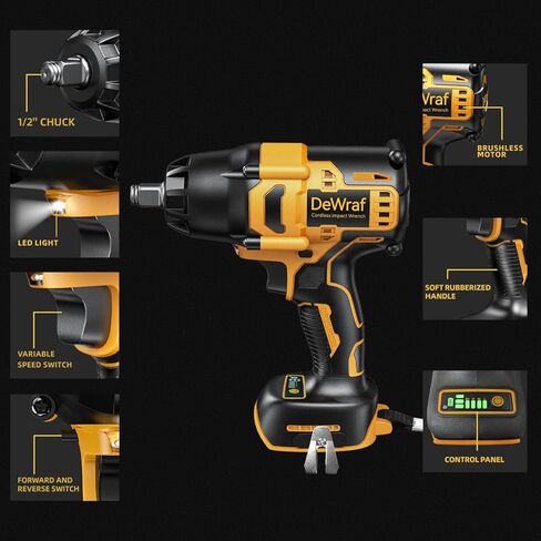 مفتاح ربط تأثير لاسلكي 1/2 بوصة متوافق مع بطارية ديوالت 20 فولت بحد أقصى، 550 قدم رطل (750 نيوتن متر) أداة طاقة عزم دوران عالية بدون فرش مع ضوء عمل LED ومشبك حزام (البطارية غير متضمنة) in Kuwait