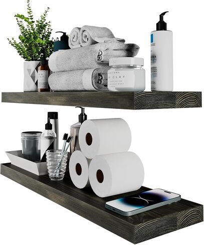 SAUCE ZHAN 24 بوصة أرفف عائمة ريفي من الخشب الطبيعي مجموعة أرفف حائط من الصنوبر مكونة من 2 رفوف مفتوحة ديكور خشبي خفيف مثبت على الحائط للحمام وغرفة المعيشة وغرفة النوم والمطبخ 24D × 6.7W in Kuwait