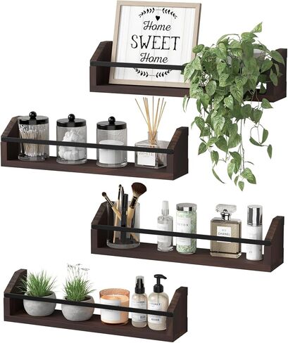 WOPITUES Floating Shelves with Protective Metal Rail, Small Bathroom Shelves Set of 4, Spice Rack Wall Mount, Wood Shelves for Kitchen, Living Room, Bedroom, Nursery Book- Modern White and Gold in Saudi Arabia