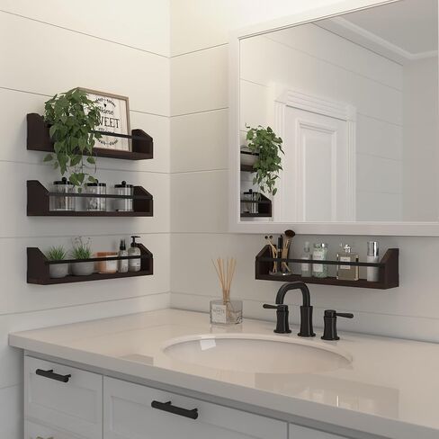 WOPITUES Floating Shelves with Protective Metal Rail, Small Bathroom Shelves Set of 4, Spice Rack Wall Mount, Wood Shelves for Kitchen, Living Room, Bedroom, Nursery Book- Modern White and Gold in Saudi Arabia