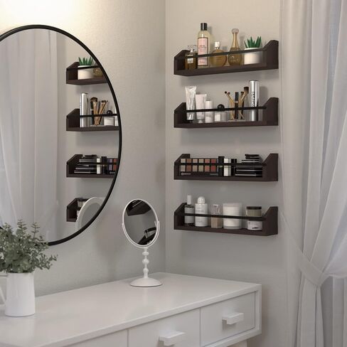 WOPITUES Floating Shelves with Protective Metal Rail, Small Bathroom Shelves Set of 4, Spice Rack Wall Mount, Wood Shelves for Kitchen, Living Room, Bedroom, Nursery Book- Modern White and Gold in Saudi Arabia