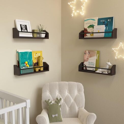 WOPITUES Floating Shelves with Protective Metal Rail, Small Bathroom Shelves Set of 4, Spice Rack Wall Mount, Wood Shelves for Kitchen, Living Room, Bedroom, Nursery Book- Modern White and Gold in Saudi Arabia