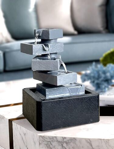 سينهيجو نافورة مياه داخلية لسطح الطاولة بتصميم شلال متتالي من البوليريسين لديكور الطاولة ومصابيح LED مقاس 28 سم in Kuwait