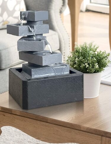 سينهيجو نافورة مياه داخلية لسطح الطاولة بتصميم شلال متتالي من البوليريسين لديكور الطاولة ومصابيح LED مقاس 28 سم in Kuwait